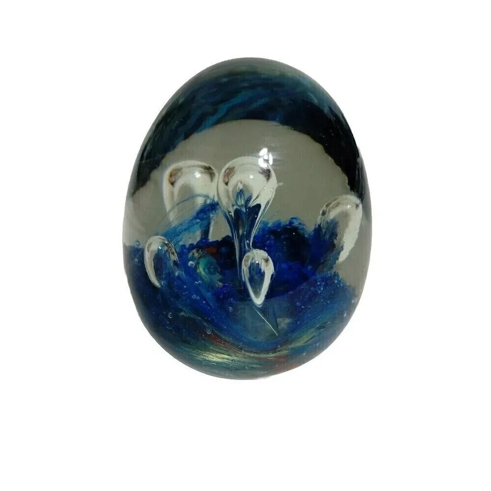 Blue Egg Shape Art Glass Paperweight Controlled Bubbles Design‎ Handcrafted